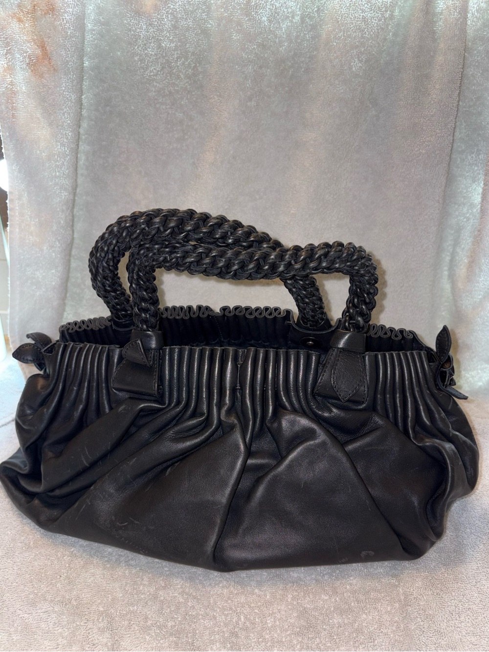 Bottega Veneta Black Ruched Leather Tote with Braided Handles Authentic